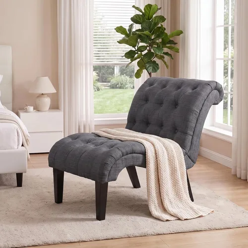 Vista 13 de Silla decorativa de piel sintética negra moderna con botones capitoné tapizada sin brazos para dormitorio, sala de estar con patas de madera