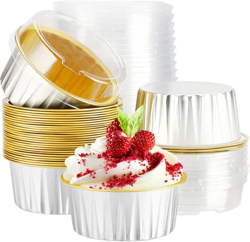 Vista 14 de EUSOAR Moldes desechables de papel de aluminio con tapas, 30 piezas de 5 onzas (4.2 fl oz) de papel de aluminio para magdalenas, tazas para hornear