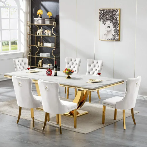 Vista 52 de Mesa de comedor blanca de 68 pulgadas para 4-6, mesa de cocina rectangular moderna con mesa de mármol sintético y base de acero inoxidable plateado