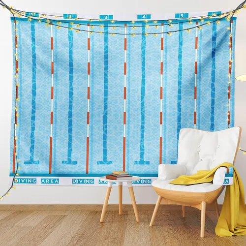 Vista 9 de Lunarable Tapiz azul, piscina temática de competición deportiva con carriles imagen de pictograma acuático, decoración de tela para colgar