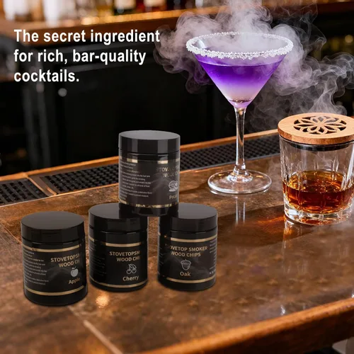 Vista 4 de BORUIT Virutas de madera para ahumar – 4 sabores de manzana, cereza, nuez y roble – Virutas de madera natural para ahumar whisky, bourbon, bebidas