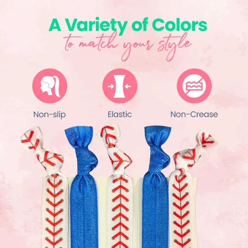 Vista 4 de Infinity Collection Lazos para el cabello de béisbol, 5 soportes para cola de caballo, elásticos para el cabello sin arrugas para mujeres, Azul