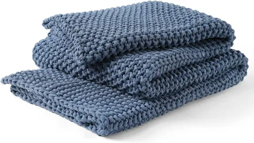 Vista 13 de YnM Manta de Punto Grueso de Algodón, Mantas de Punto Trenzado para Cama, Sofá, Sillón, Cómoda y Relajante, Pieza Decorativa para Casa de Campo Azul