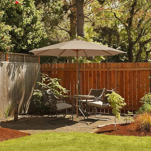 Vista 9 de HAPPYGRILL Sombrilla de madera para patio de 10 pies con polea de cuerda y Beige Bronceado