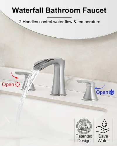 Vista 2 de Grifos de baño de níquel cepillado, grifo de cascada generalizado de latón para fregadero de baño, grifo de fregadero de baño de 3 agujeros, grifos