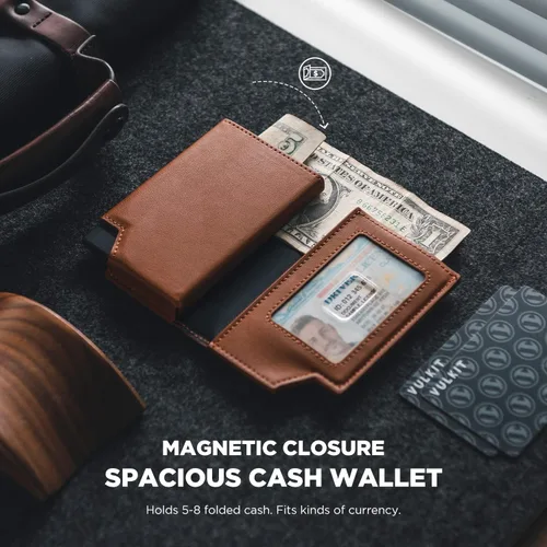 Vista 3 de VULKIT Cartera minimalista para hombre, con bloqueo RFID, cierre magnético, cartera de cuero con ventana de identificación, para dinero en efectivo