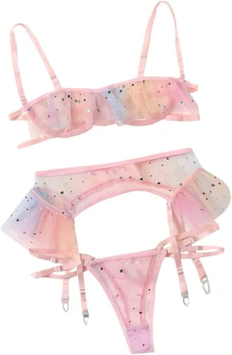 Vista 4 de LilosySexyUnderwireCuteSheerKawaiiGarterBeltLingerieSetBraandPanty3Piece