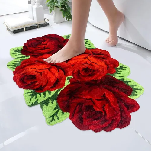 Vista 34 de USTIDE Bonita alfombra de baño de rosas para baño, alfombra de baño naranja de lujo, antideslizante, con forma de flor, alfombra de ducha de felpa