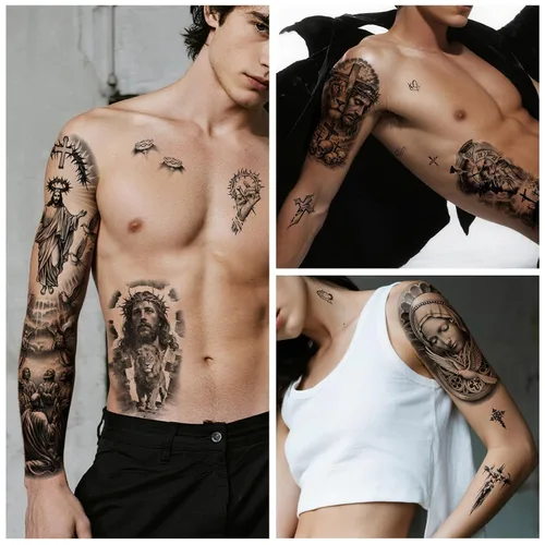 Vista 5 de Yazhiji 48 hojas de tatuajes temporales cristianos de brazo completo para adultos, tatuajes falsos de medio brazo religiosos de Jesús Cristo, cruz