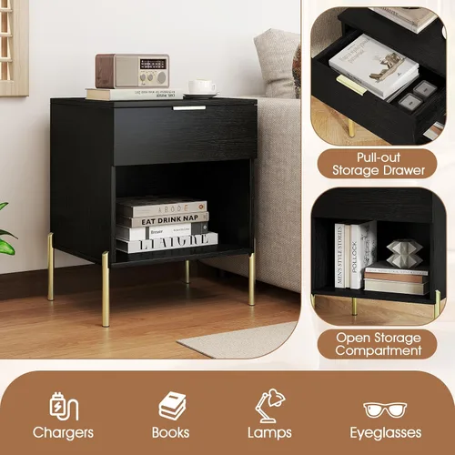 Vista 5 de Giantex Nightstand with Charging Station, Mid Century Modern Bedside Table with Storage Drawer & Open Compartment, End Table w/Wood Grain & Metal
