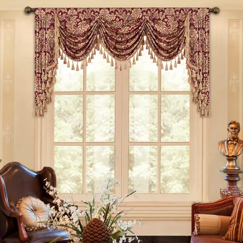 Vista 30 de Loom and Mill Cenefa de cascada de lujo de jacquard para sala de estar, elegantes cenefas de ventana con festones y cuentas damascadas, cortinas
