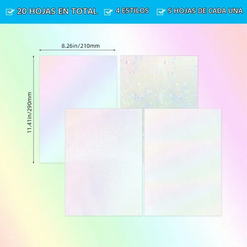 Vista 6 de 20 hojas de papel adhesivo holográfico tamaño A4, calcomanías de vinilo para laminación, película impermeable, autoadhesiva, transparente