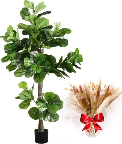 Vista 8 de Árbol de higuera artificial de hoja de violín de 5 pies de alto, planta de higuera falsa para interiores, planta de ficus iyrata falsa que incluye