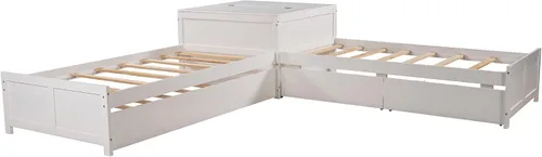 Vista 7 de Moderna cama de plataforma en forma de L con nido y cajones, cama de plataforma de madera de tamaño individual con mesa cuadrada abatible White#w