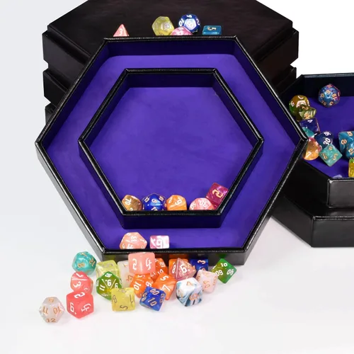 Vista 2 de DND - Bandeja de dados – Bandeja hexagonal 2 en 1 con ruedas y almacenamiento, piel sintética, color morado