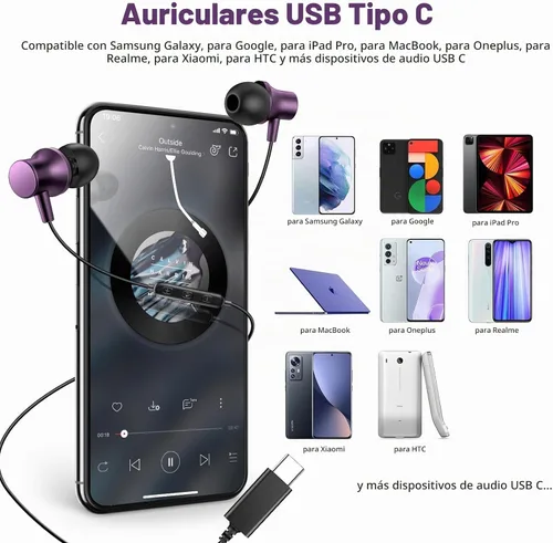 Vista 2 de COOYA - Auriculares USB C con cable para iPhone 18 Pro Max 17, 16, 15 Púrpura