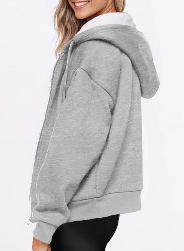 Vista 2 de SHEWIN Sudaderas con capucha para mujer 2023 de forro polar de manga larga con cremallera, sudadera con capucha Sherpa