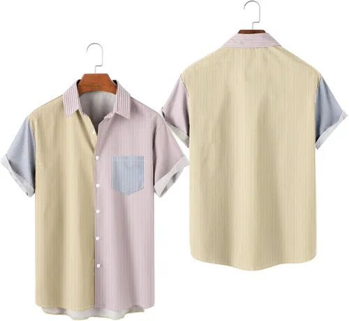 Vista 2 de Men's Color Block Button Down Shirts 2026 Summer Short Sleeve Hawaiian Shirt Loose Fit Lightweight Beach Vacation Tops