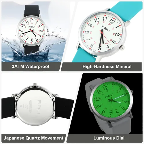 Vista 3 de FIZILI Reloj de enfermera para mujeres, hombres, profesionales médicos, estudiantes, fácil de leer, 24 horas, reloj luminoso con banda de silicona