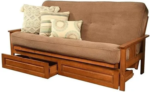Vista 19 de Maykoosh Marco de futón completo de refinamiento rústico con cajones de almacenamiento, blanco antiguo/bronceado, madera dura clásica con brazos