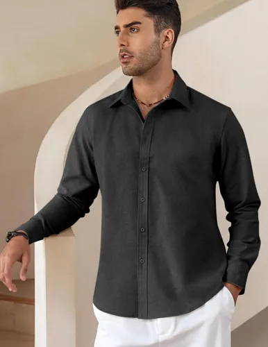 Vista 2 de COOFANDY Camisas casuales de lino de manga larga con botones para hombre