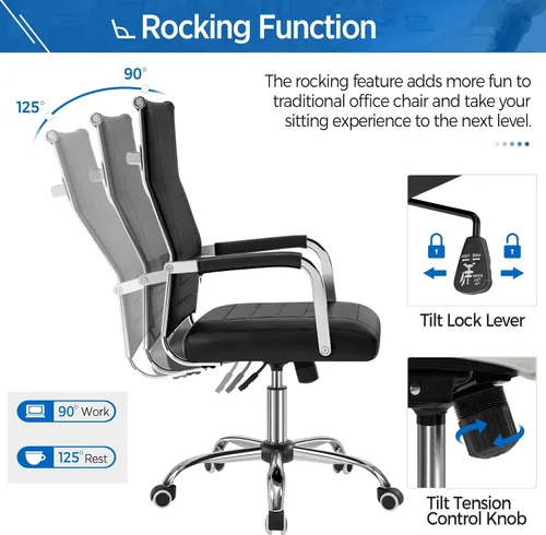 Vista 6 de Yaheetech - Silla de oficina giratoria de piel sintética acanalada, color negro Ribbed PU leather back on a chrome frame fits home offices and