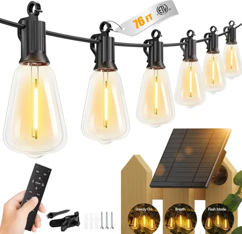 Vista 12 de Brightown Guirnalda de luces solares de 37 pies para exteriores, impermeable, con control remoto, 10+1 bombillas LED inastillables, regulables