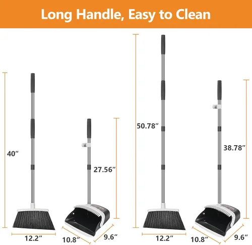 Vista 4 de Folews Juego de escoba y recogedor, sartén resistente con mango largo, escoba de 51 pulgadas con recogedor, juego combinado vertical autolimpiante