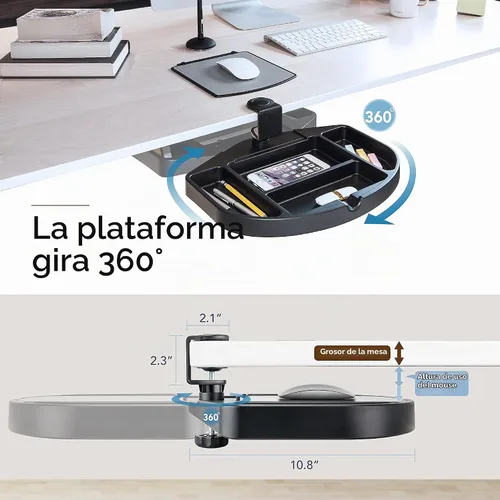 Vista 3 de EHO Organizador de escritorio con abrazadera, multifuncional con cajón para lápices, almacenamiento de alfombrilla de mouse, giratorio, a prueba