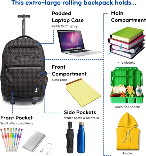 Vista 3 de J World Sundance Mochila Rodante para Laptop para Niñas y Niños. Mochila Escolar con Ruedas, Rombos negro, 20 pulgadas
