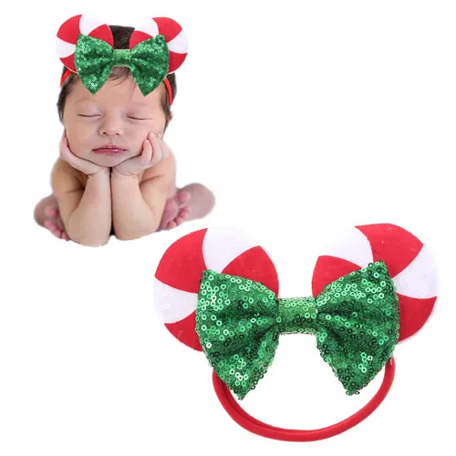 Vista 9 de Diadema de orejas de ratón con lazo de lentejuelas, banda elástica suave para el pelo, diadema de fiesta para bebés, niñas recién nacidas, niños
