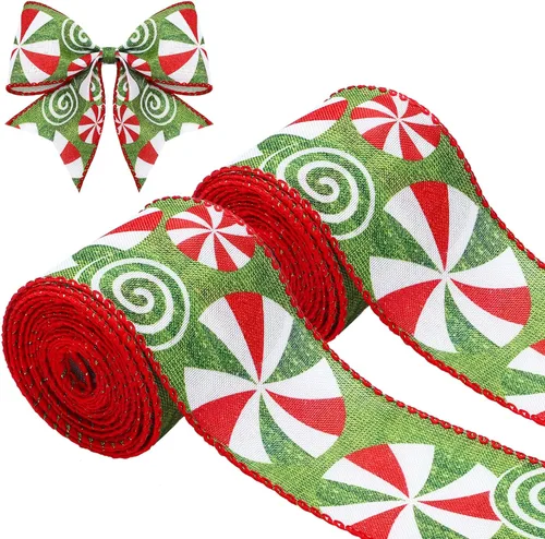 Vista 11 de Berlune 2 rollos de cinta de Navidad con borde de alambre de menta caramelo de 2.5 pulgadas de ancho, cinta de arpillera para manualidades, coronas