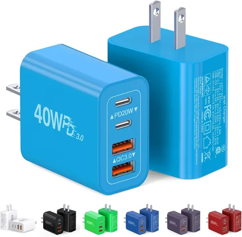 Vista 12 de Bloque de cargador USB C de 40 W, paquete de 2 ladrillos de carga rápida de 4 puertos tipo C, adaptador de enchufe de pared dual PD&QC, ladrillo