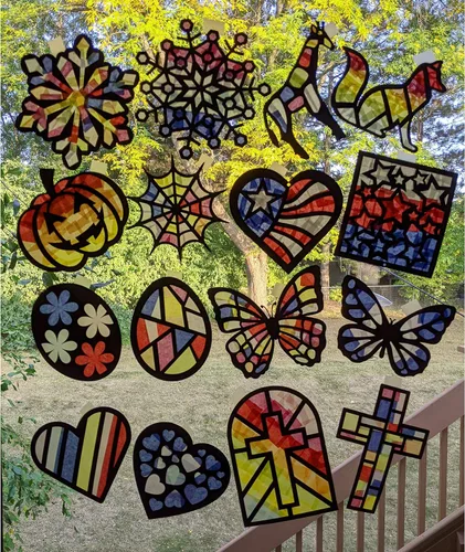 Vista 6 de Kit de atrapasueños de VHALE 3 juegos (9 recortes) con papeles de seda, efecto de vidrio manchado, kit de atrapasueños de papel, arte para ventanas