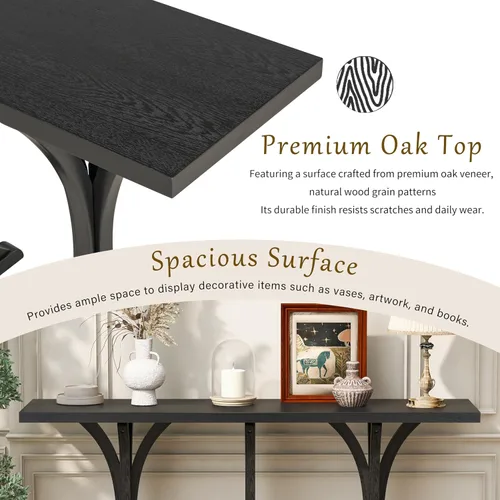 Vista 5 de Mesa de consola de madera de 152 cm con tapa de chapa de roble y patas curvadas delgadas de madera de goma, elegante mesa de sofá para sala