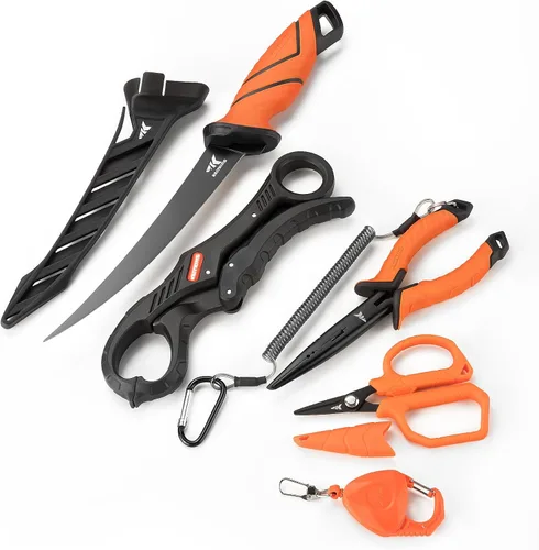 Vista 8 de KastKing SteelStream - Juego de herramientas de pesca de 6 piezas, alicates de pesca resistentes a la corrosión con cordón, cuchillo de filete