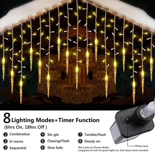 Vista 2 de LYHOPE Luces de Carámbanos de Navidad, 432 LED de 35.4 pies, 8 Modos de Luces de Carámbanos de Bajo Voltaje con 72 Gotas, Luces Parpadeantes