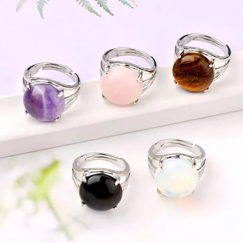 Vista 2 de TripleHub Juego de 5 anillos de piedra natural, vintage, tibetano, ajustable, curativo, de cristal, para mujeres y hombres, accesorios de joyería a