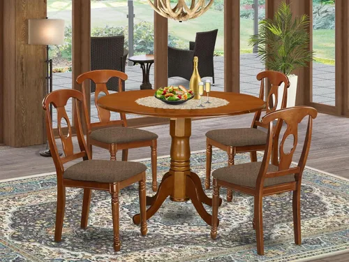 Vista 2 de East West Furniture DLNA5-SBR-C - Juego de mesa y sillas de cocina de 5 piezas, incluye una mesa de comedor redonda con gotas y 4 sillas tapizadas