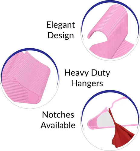 Vista 7 de ROYALE Paquete de 20 perchas de plástico rosa para ropa, colgador de ropa resistente ideal para uso diario estándar, perchas de plástico con muescas
