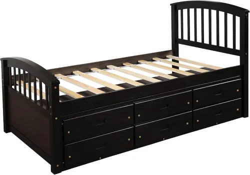 Vista 10 de Merax Cama de almacenamiento de plataforma de tamaño individual Cama de madera maciza con 6 cajones