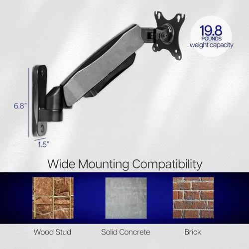 Vista 6 de VIVO Soporte de pared para monitor único con brazo neumático ajustable en altura, articulación de movimiento completo, se adapta a pantalla de 17 a