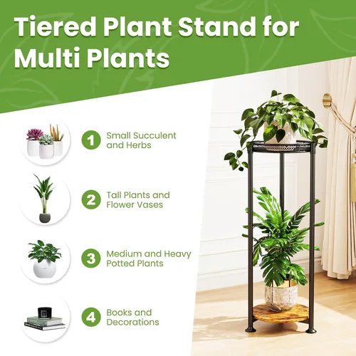 Vista 6 de Soporte negro de 2 niveles para plantas en interiores, 30 pulgadas de alto, estante de esquina de metal resistente para plantas estrechas para piso