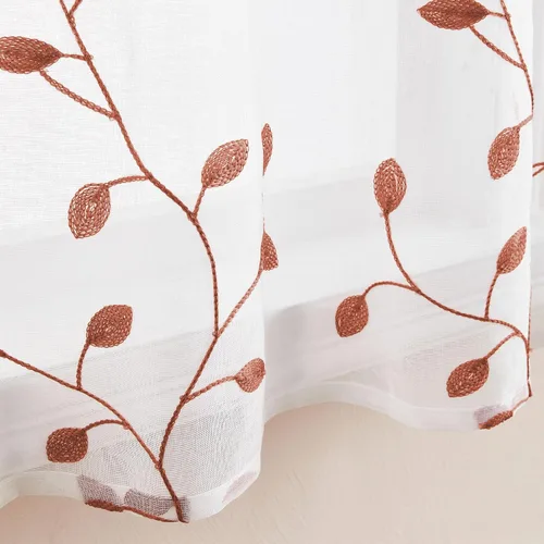 Vista 5 de MRTREES Cortinas traslúcidas de cocina de 24 pulgadas, cortinas cortas bordadas con hojas de terracota para baño, mini ventana, bolsillo para barra