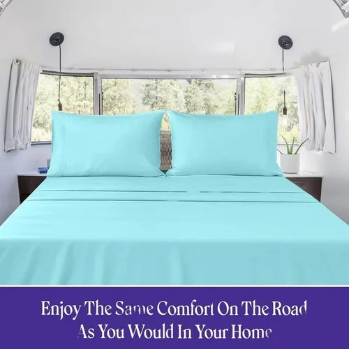 Vista 2 de Juego de sábanas para cama de 48 x 75 pulgadas, tamaño matrimonial de 3/4, color azul aguamarina, litera para cuna, cama de caravana y camión, juego