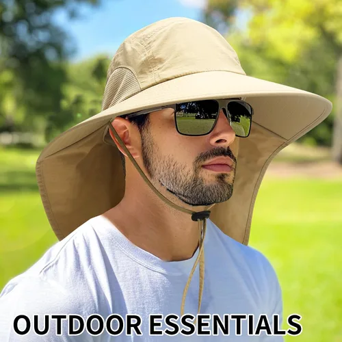 Vista 4 de PFFY Sun Bucket Hats for Men Women UV Protection Sun Hat with Neck Flap Caqui Sólido