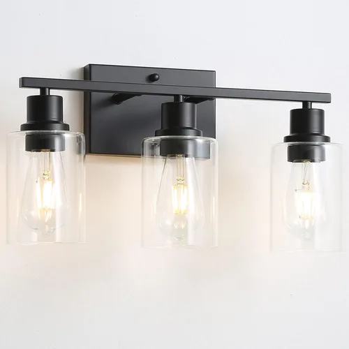 Vista 12 de [Usado] Accesorios de luz para tocador de baño, 1 luz de baño color negro mate, apliques de pared con pantalla de vidrio transparente para pasillo