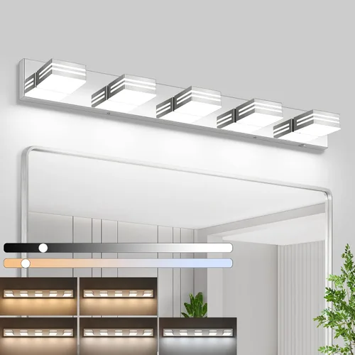 Vista 12 de Moderna lámpara LED para tocador de baño (3 luces, 24 pulgadas) (5CCT, regulable), negro mate moderno para pared de baño
