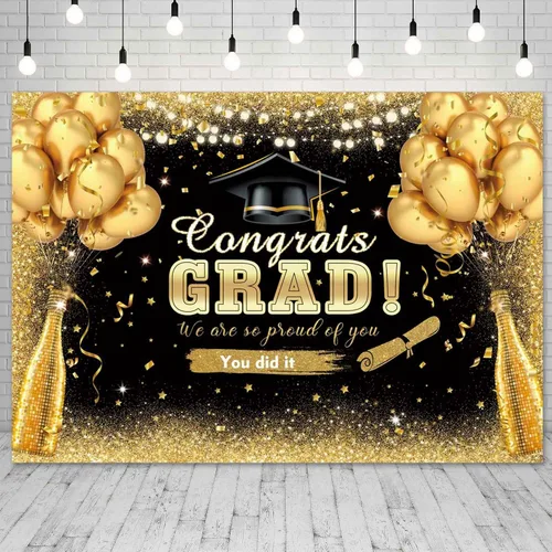 Vista 4 de Cartel de graduación de 7 x 5 pies para celebrar la clase de 2025, decoraciones de fiesta con globos negros y dorados con purpurina negra y dorada