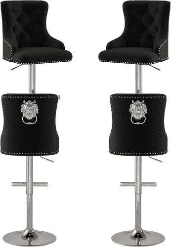 Vista 32 de Juego de 2 taburetes de bar de terciopelo, altura ajustable, base de metal dorado, beige Diseño de cabeza de clavo, función giratoria, ideal